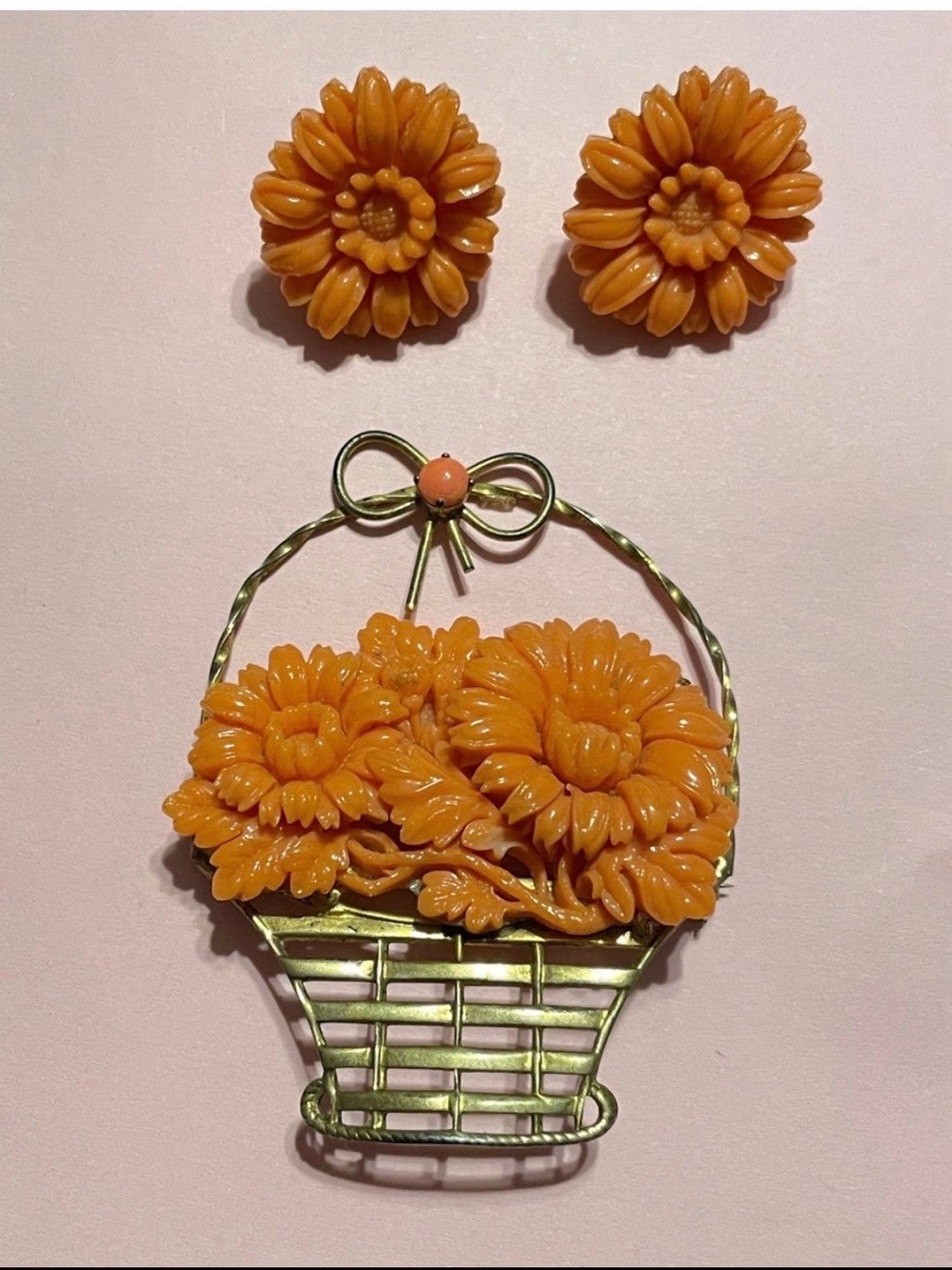 Sterling Silver Vermeil Celluloid Flower Basket Brooch / Earrings #8235